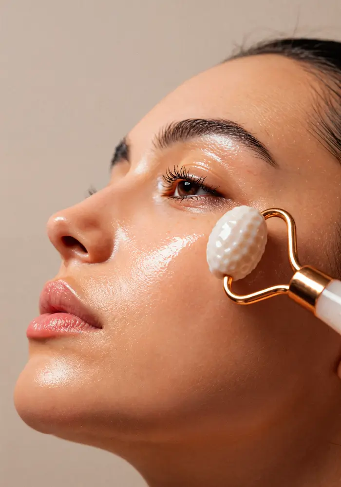 Woman using face roller skincare
